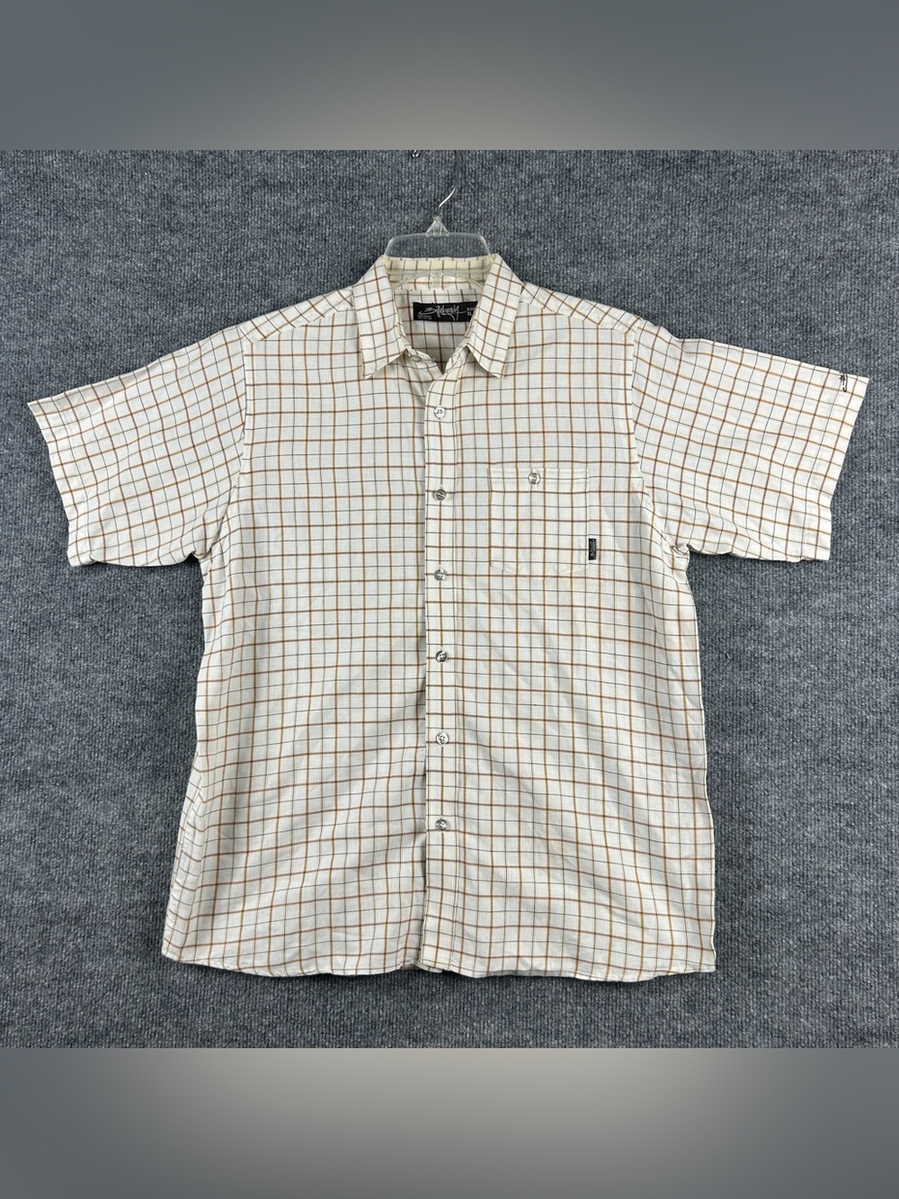 Billabong Boys XL Mens S White Tan Grid Plaid Short Sleeve Button Down Shirt Top